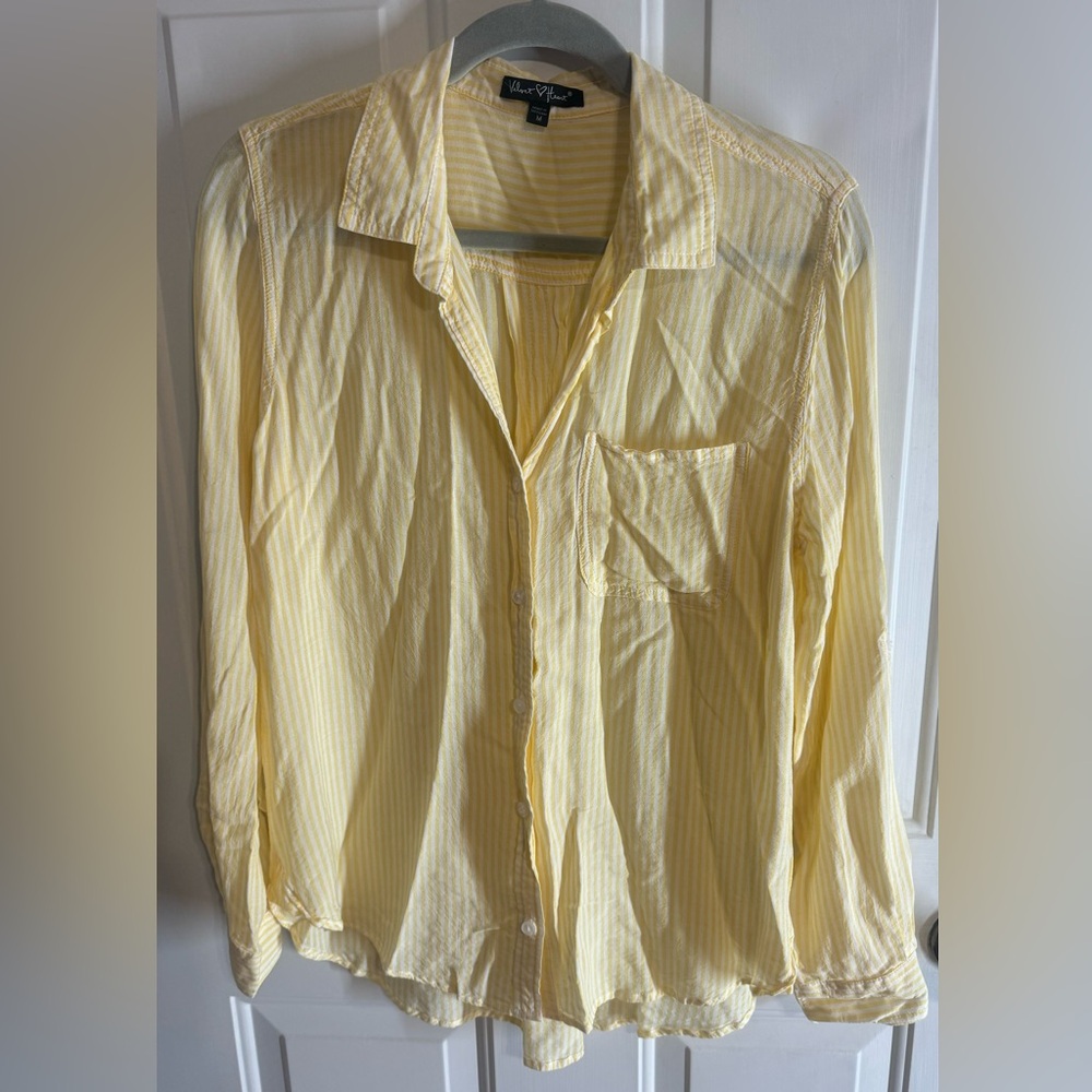 Yellow and White Striped Button up Blouse - Picture 2 of 8